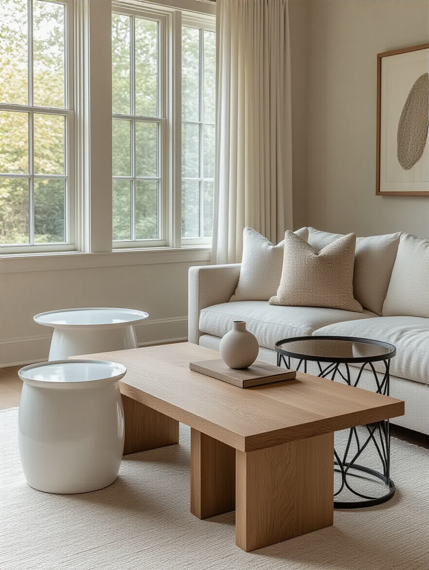 Modern living room with a sleek wooden coffee table and two distinct, yet complementary, minimalist metal side tables, showcasing curated style and visual harmony.