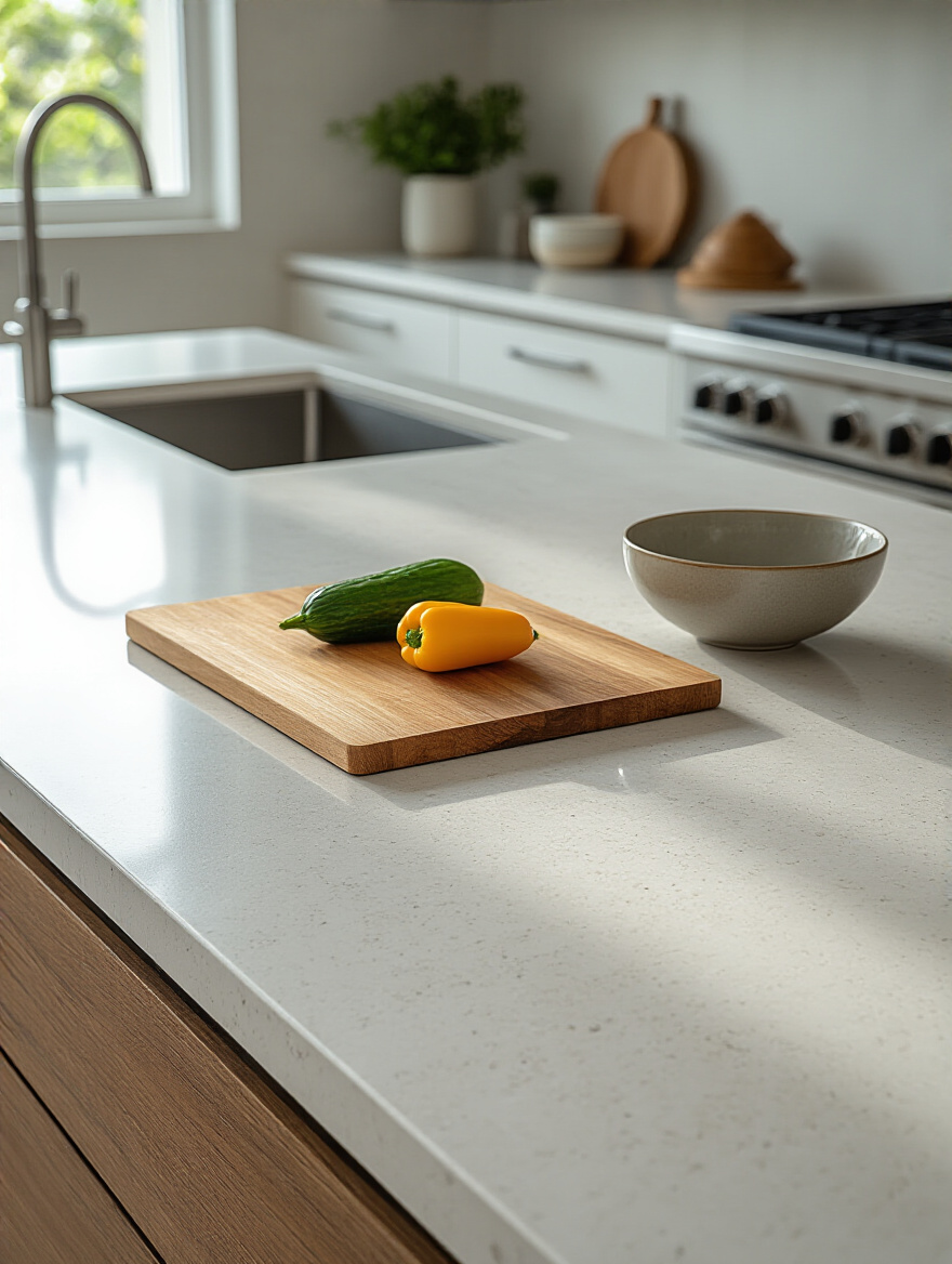 A pristine light-colored quartz kitchen island countertop, featuring a modern design and a wooden cutting board, emphasizing durability and longevity.