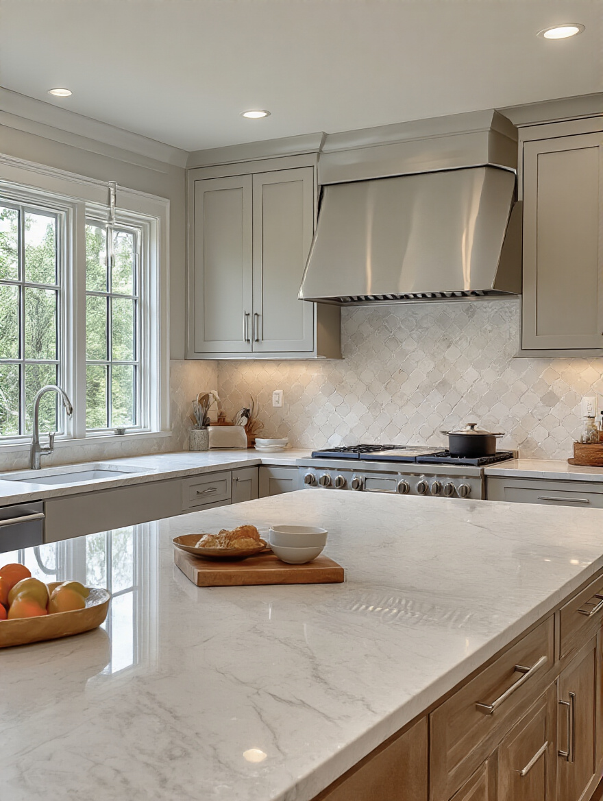 Modern kitchen portrait showing quartz and concrete countertops with a clean, minimalist design.