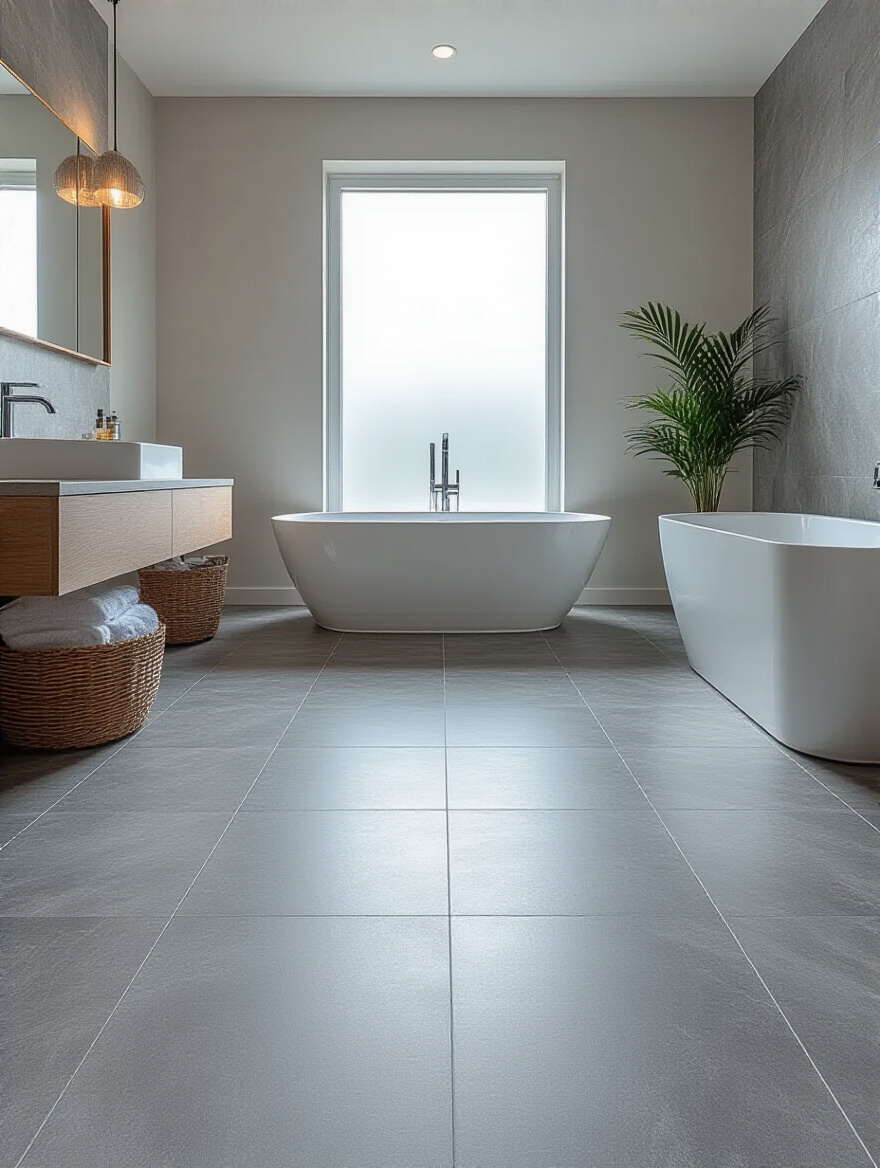 Modern bathroom with durable matte gray porcelain tile flooring, complementing a white freestanding tub, lit by natural window light.