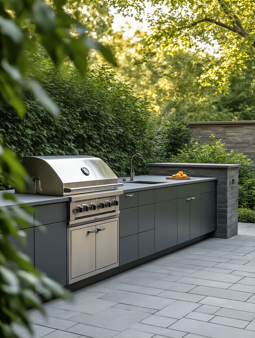 A contemporary outdoor kitchen featuring integrated cabinetry made from high-quality, weather-resistant materials, including brushed stainless steel, dark gray powder-coated aluminum, and white marine-grade polymer, surrounded by elegant patio landscaping.