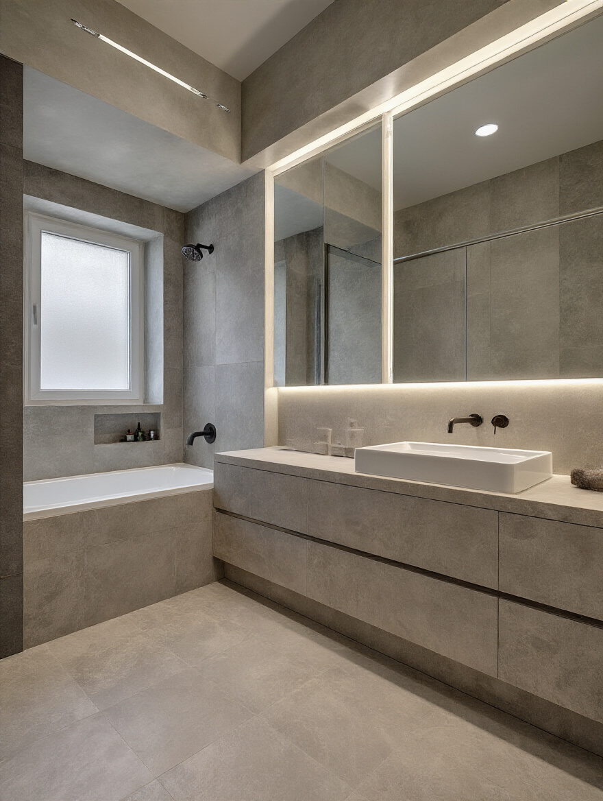 Bathroom wall finishes with non-porous surfaces and seamless panels
