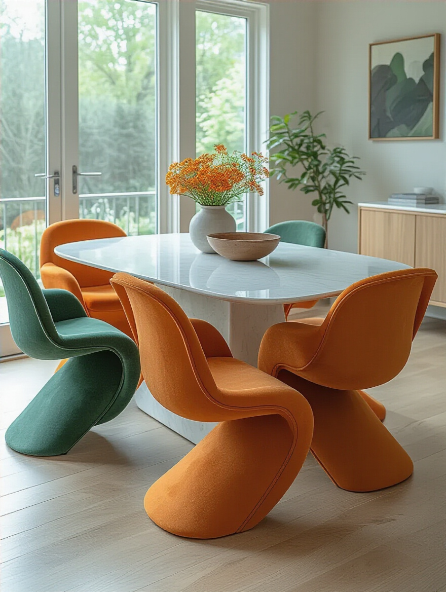 A stylish modern dining room features a contemporary dining table surrounded by four visually striking and ergonomically designed dining chairs in a vibrant accent color. The chairs have sleek, sculptural forms, enhancing the room's aesthetic. Soft natural light fills the space.