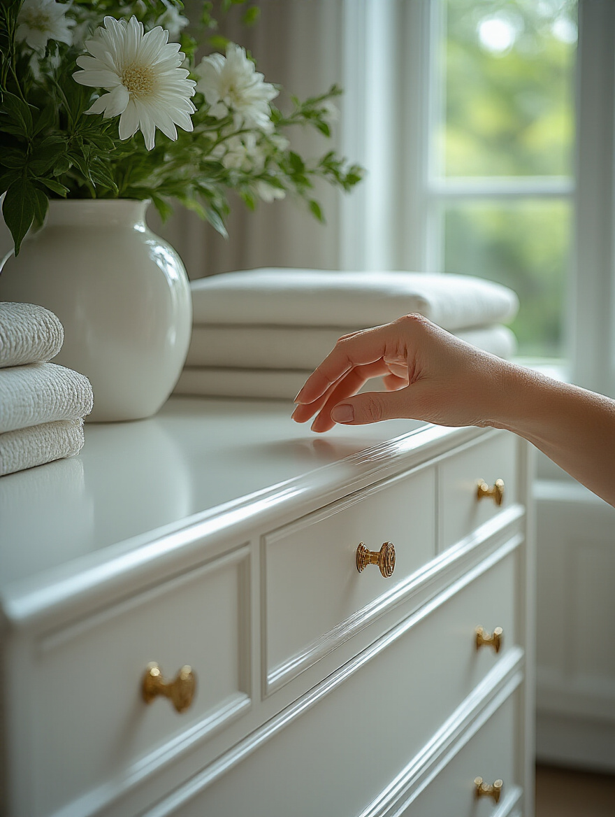 Close-up of a hand testing the durability and finish of white bedroom furniture, comparing different material textures and coatings like lacquer and melamine. Emphasis on robust, long-lasting materials.