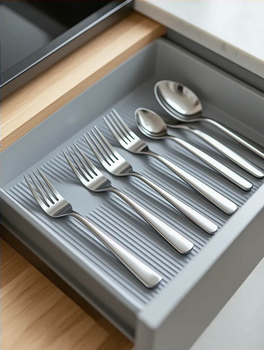 Open kitchen drawer with a ribbed non-slip liner keeping stainless steel utensils perfectly in place, demonstrating item stability.