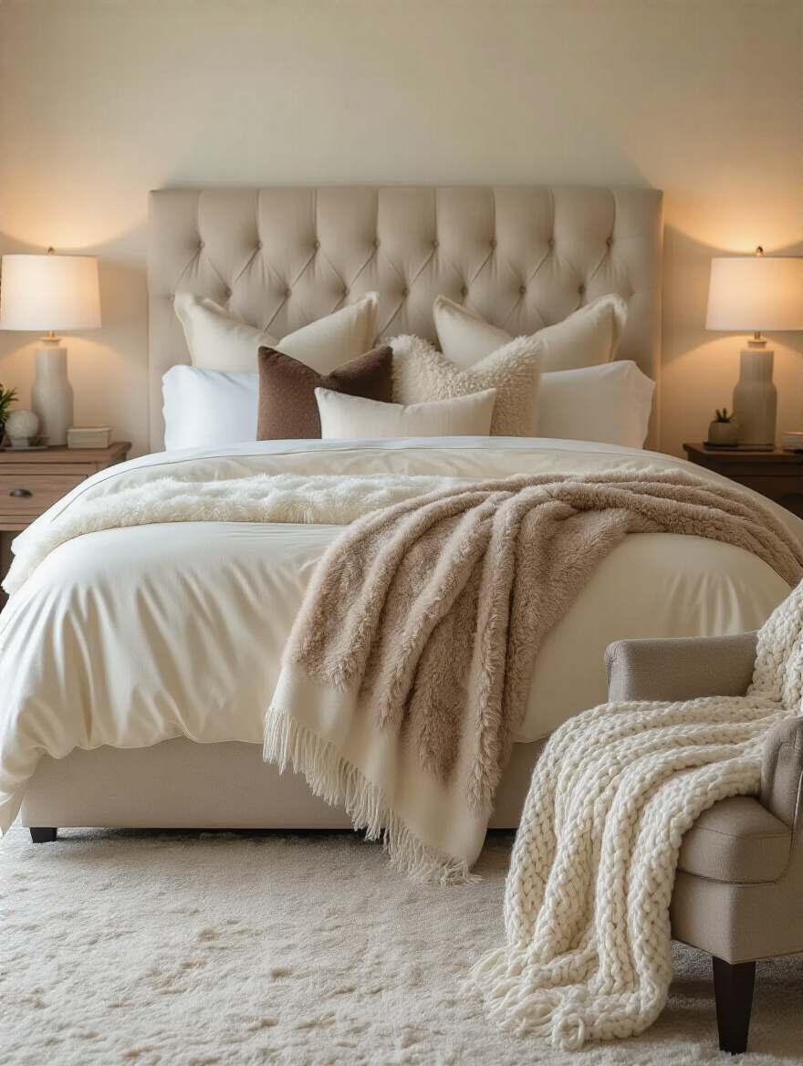 Luxurious bed dressed in plush bedding with layered throws in a warm, cozy bedroom