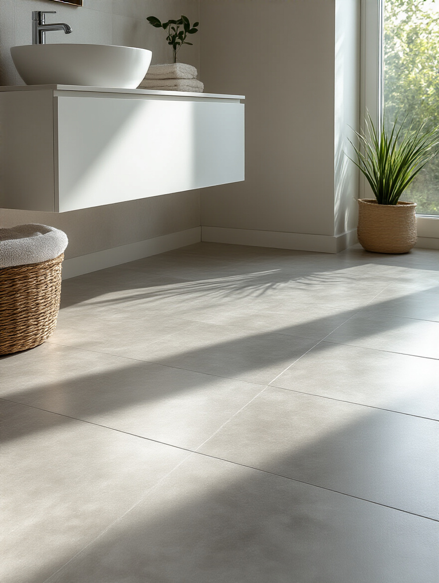 Modern bathroom with light grey stone-patterned sheet vinyl flooring, showcasing seamless installation and budget-friendly protection for moisture-prone areas.