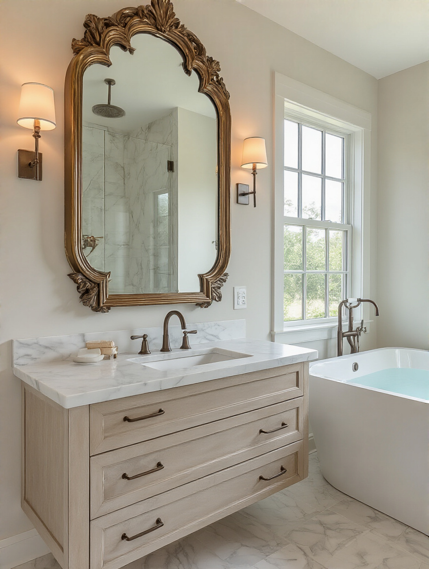 Portrait of a bathroom with a bold statement mirror reflecting light