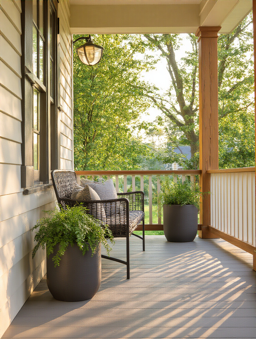 Vertical front porch scene with weather-resistant decor showcasing durable materials