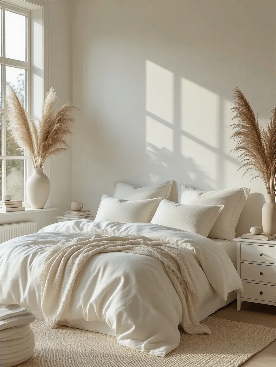A serene white bedroom showcasing a defined design aesthetic with layered bedding and elegant decor elements.