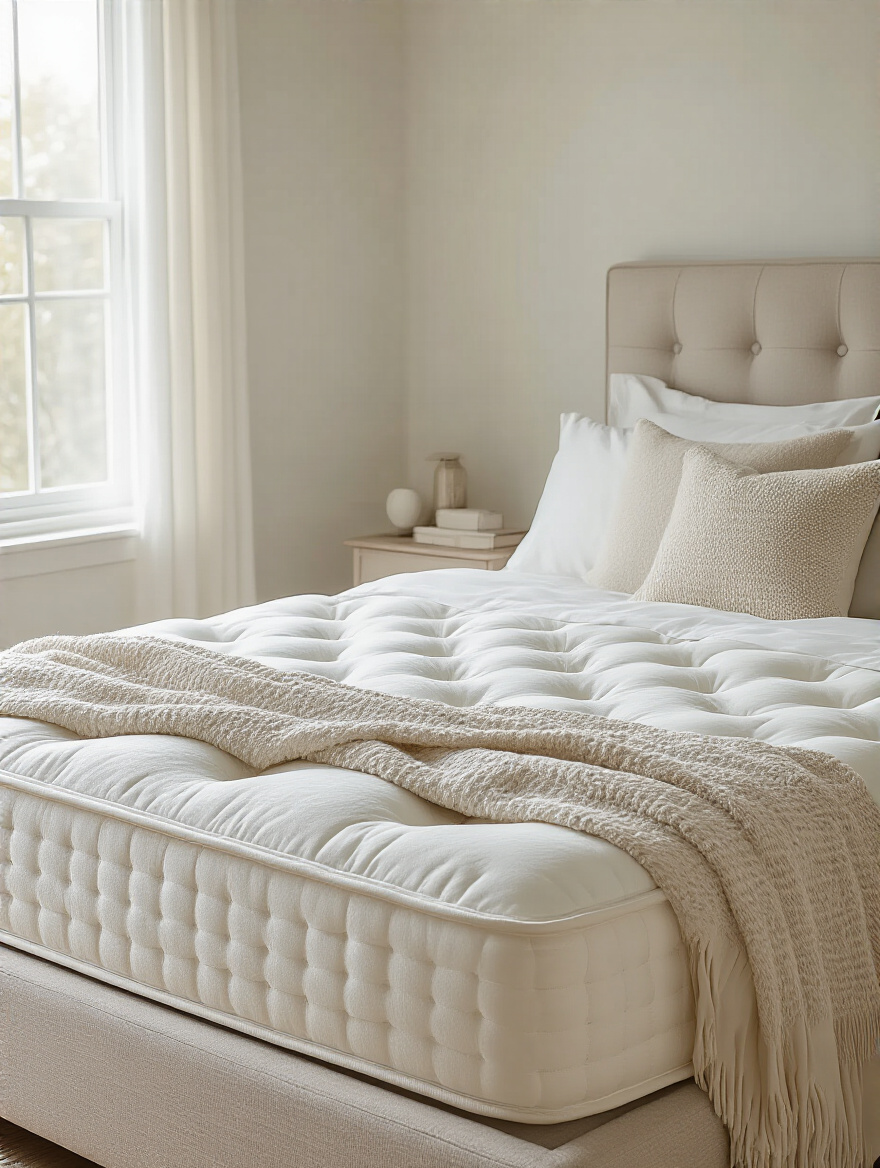 Cozy bed with plush mattress and pillows in a serene bedroom