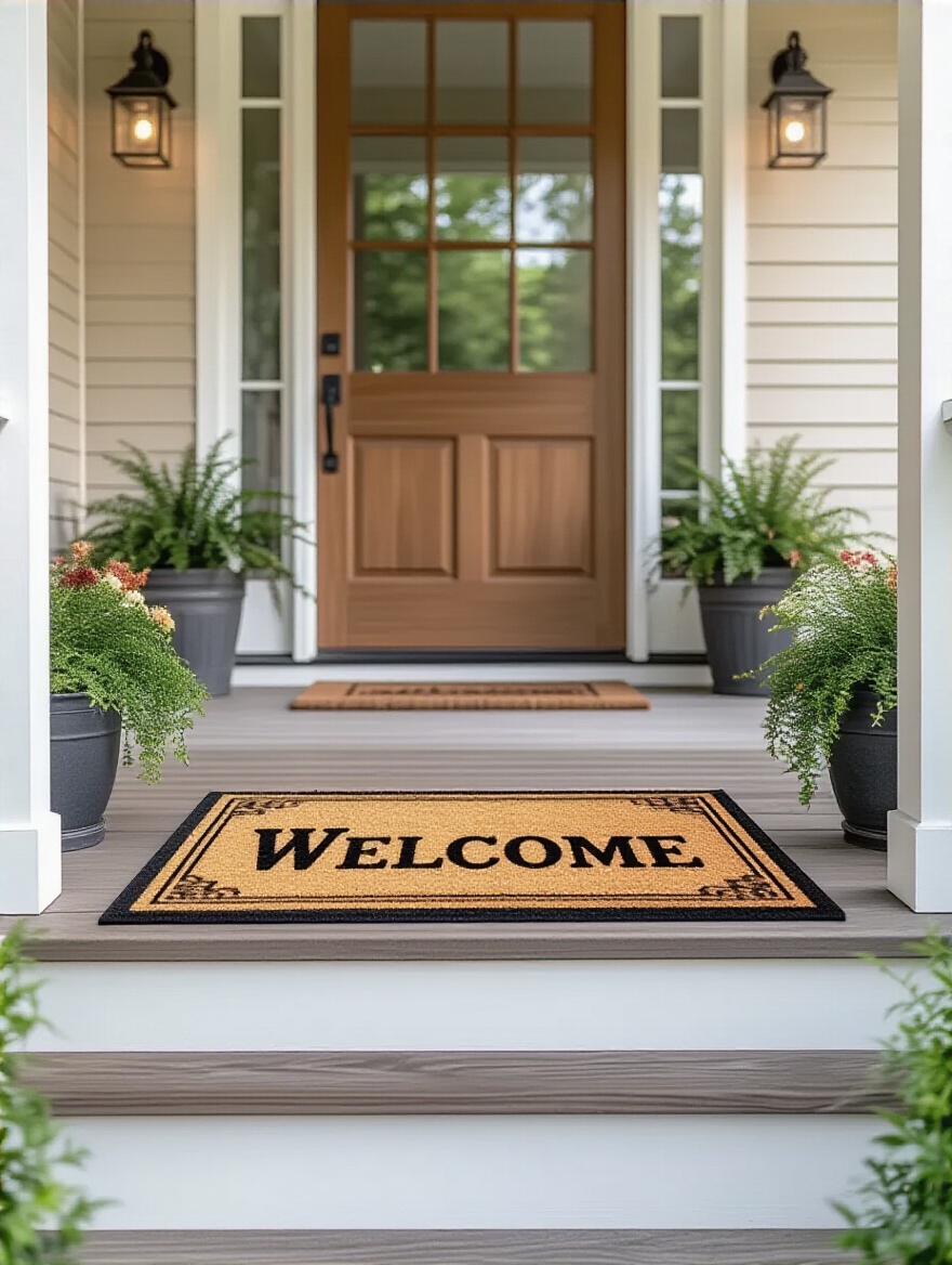 Portrait view of a front porch featuring a durable, eye-catching welcome mat.