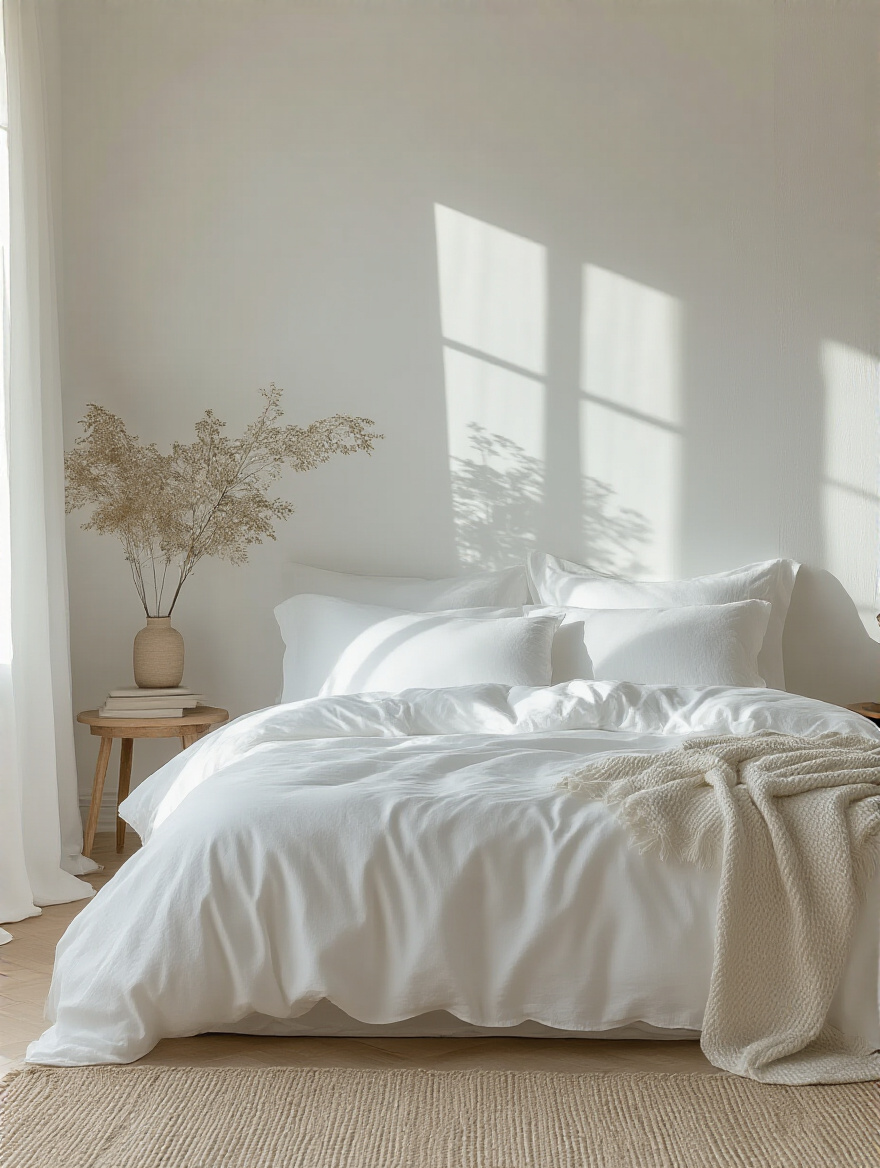Serene white bedroom with crisp linens and easy-care fabrics