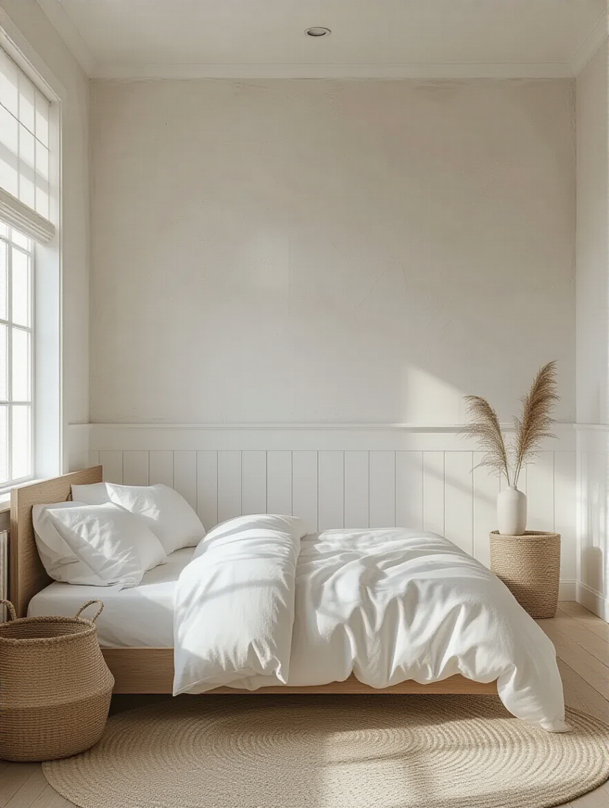White bedroom with varied wall textures including limewash and shiplap