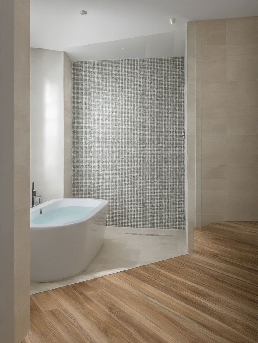 Bathroom with zoned flooring featuring light porcelain mosaics in the shower, matte ceramic tiles in the main area, and wood-look planks under a freestanding tub, demonstrating mixed materials for visual appeal.