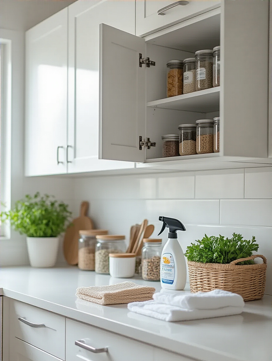 Empty kitchen cabinet interior, sparkling clean after deep cleaning, with organized kitchen items sorted on the countertop for reassessment during bi-annual kitchen cabinet organization.