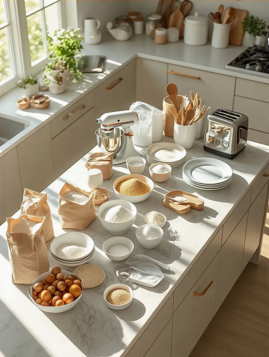 Overhead view of a pristine kitchen island with assorted kitchen items like plates, bowls, pantry goods, and small appliances spread out for a thorough inventory and sorting process.