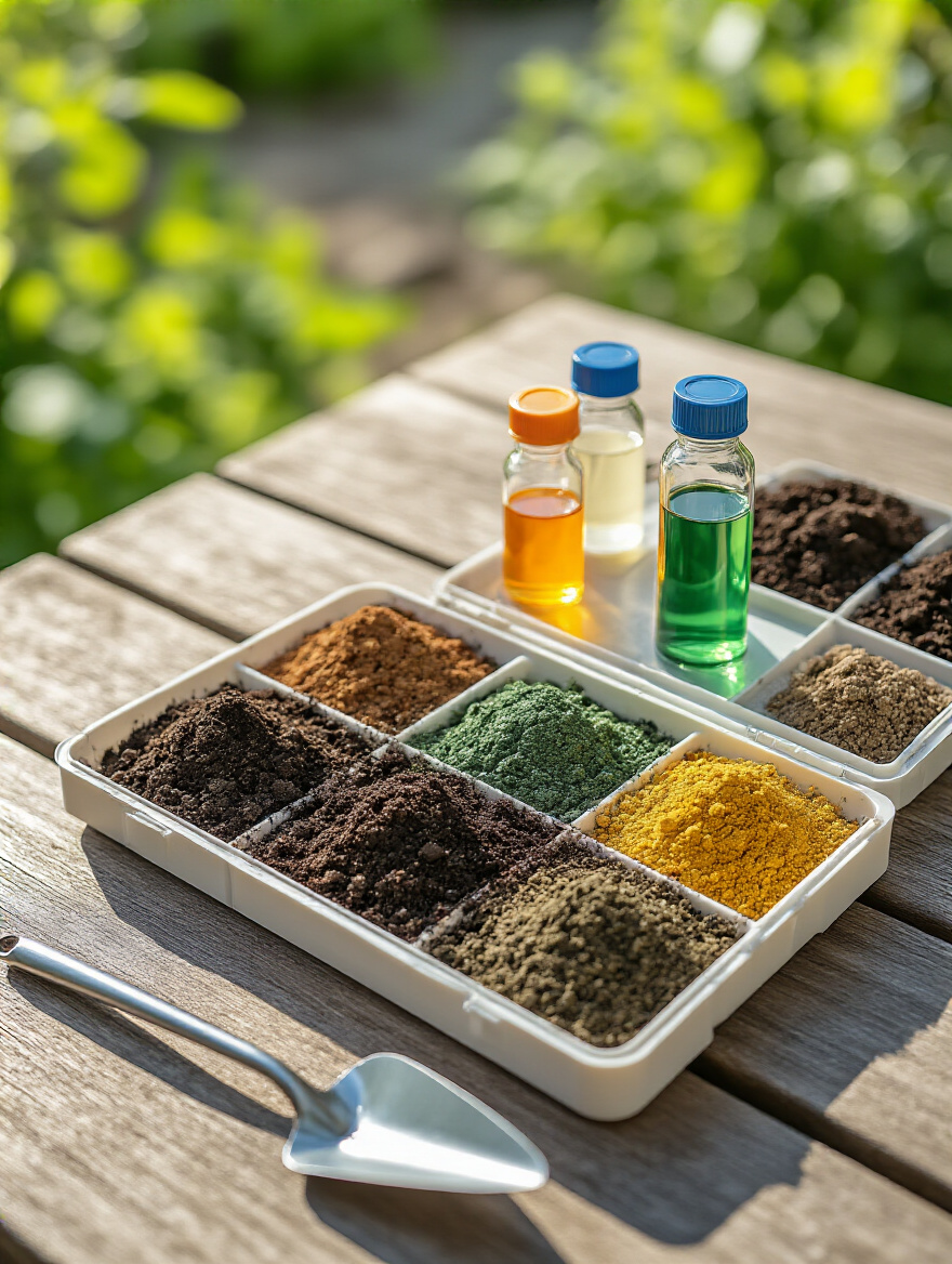 Home soil testing kit laid out in a garden with soil samples and a trowel for analysis
