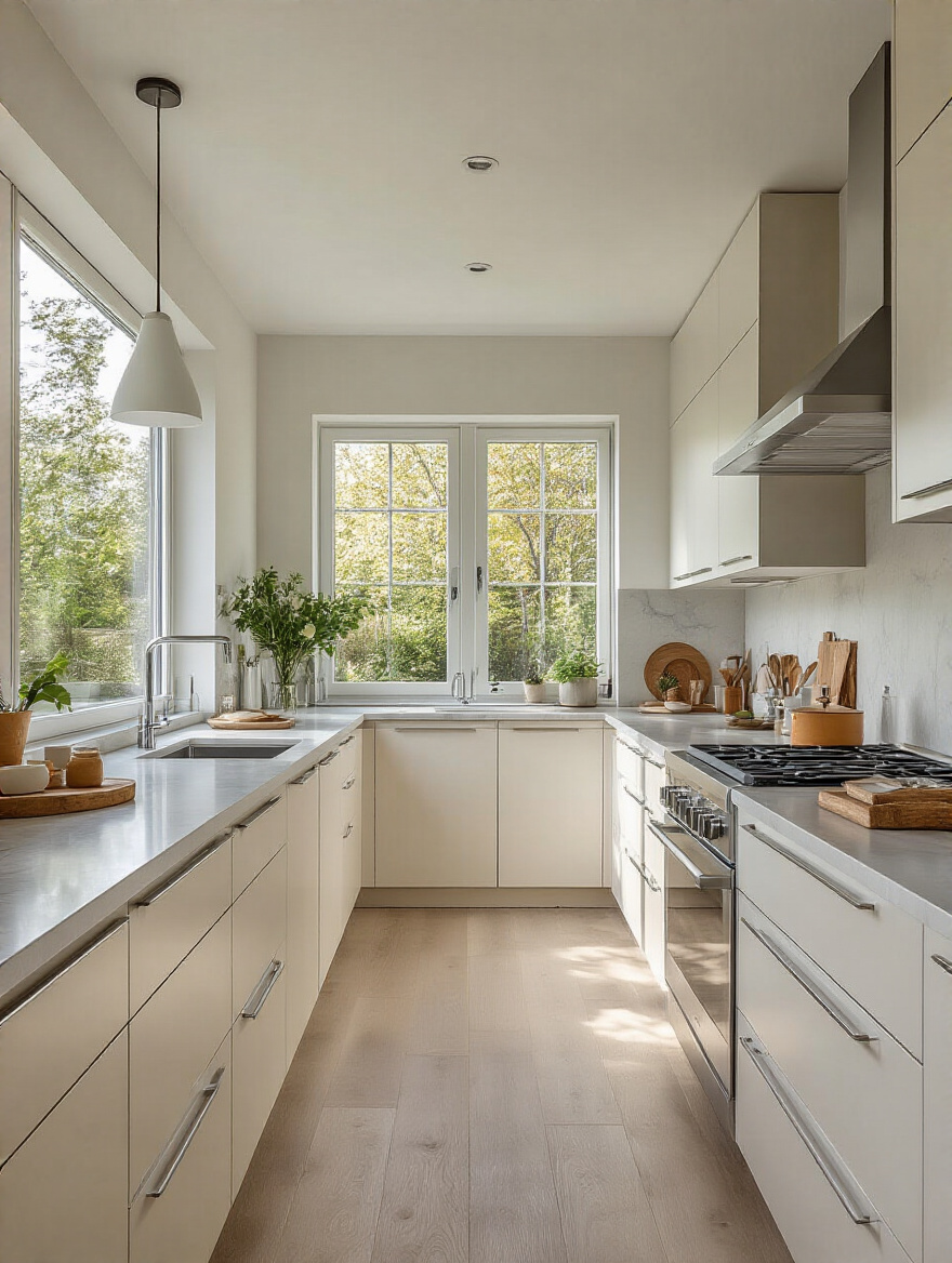 A modern, spacious kitchen interior with distinct, organized zones for food prep, cooking, and cleanup, demonstrating optimal flow. The scene is bright, clean, and uncluttered, suggesting an efficiently designed workspace.