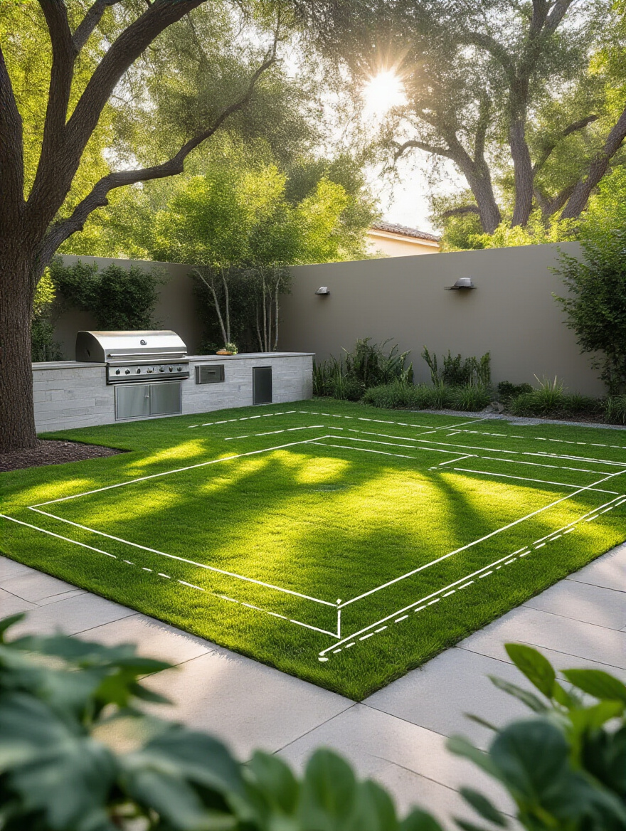 Backyard site assessment with spray painted outline for outdoor kitchen placement, demonstrating careful planning for an optimal design.