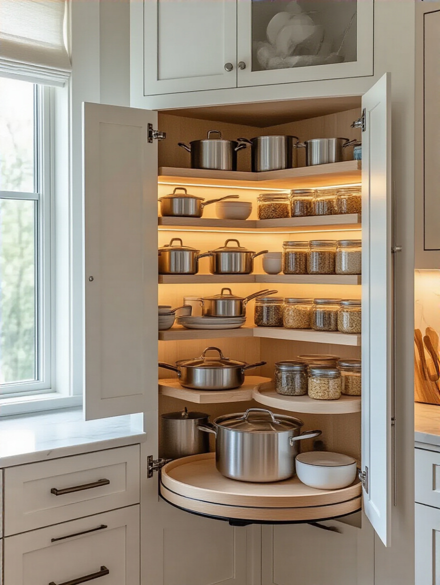 Corner cabinet interior with rotating Lazy Susan in modern kitchen