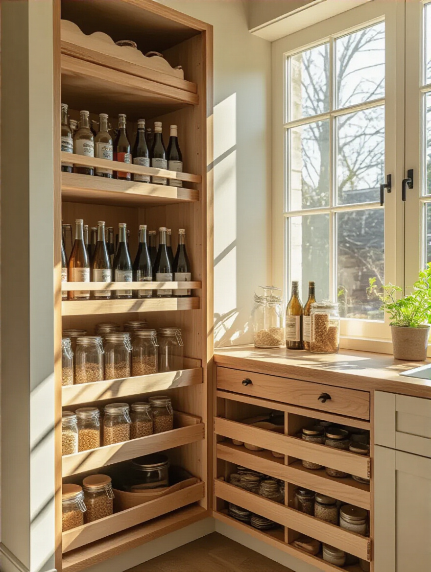 Custom-built wooden dividers perfectly organizing an unusually deep and narrow pantry cabinet, demonstrating a DIY cabinet solution.