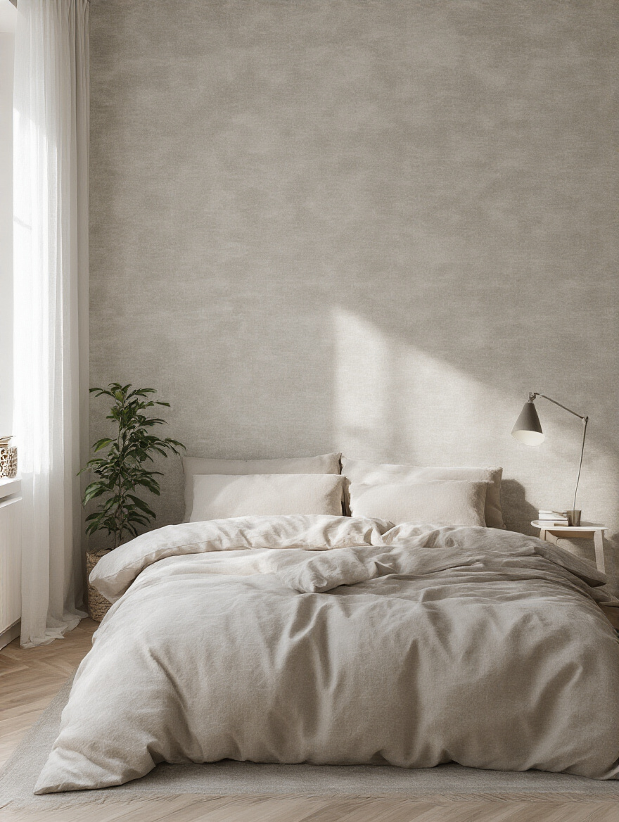Portrait of a modern bedroom with a removable wallpaper accent wall