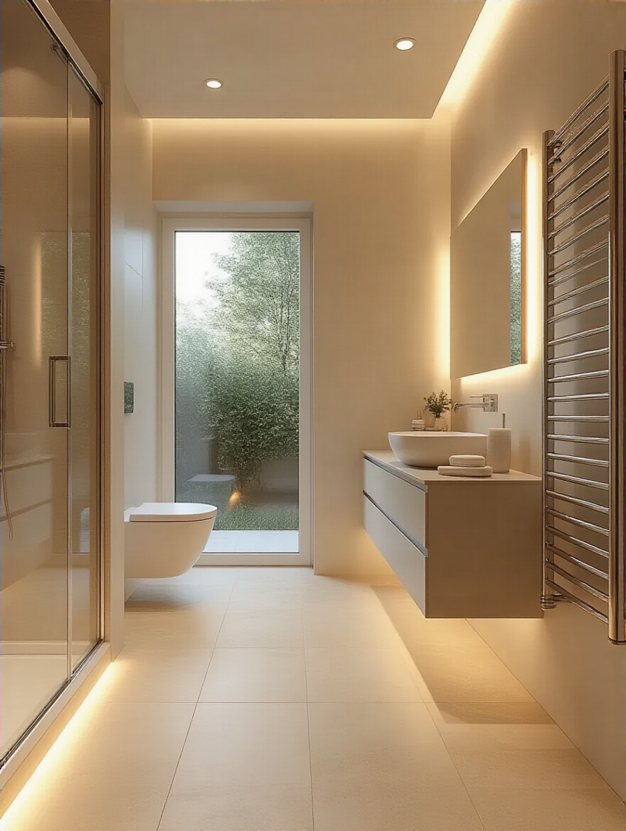 Luxurious bathroom featuring heated flooring and a warming towel rail