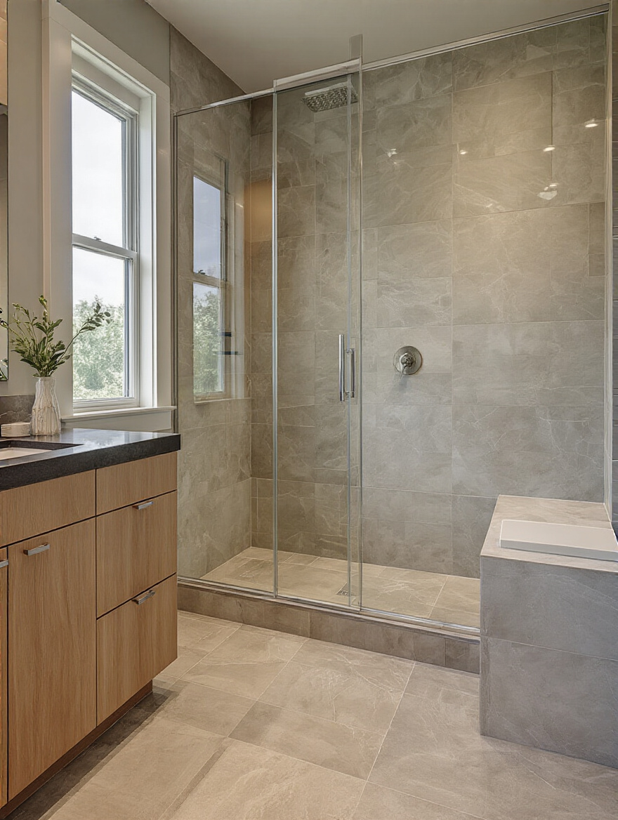 Portrait of a modern bathroom emphasizing durable, maintenance-friendly surfaces like porcelain tiles and quartz countertops