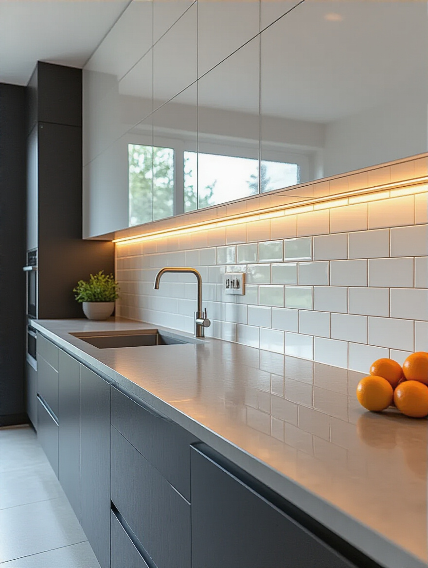 A modern kitchen featuring a backsplash of matte white minimalist subway tiles installed in a vertical stacked pattern, extending to the ceiling with matching grout, beside flat-panel cabinetry.