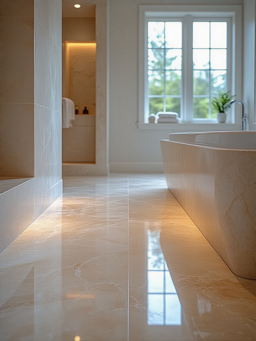 A perfectly maintained, glossy marble bathroom floor showcasing the benefits of professional specialized floor care, reflecting light and looking pristine.