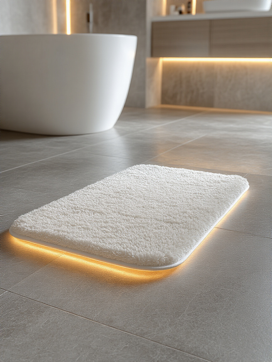 Luxurious modern bathroom with large format grey porcelain tile floor, appearing warm and inviting with a soft glow, hinting at underfloor heating comfort.