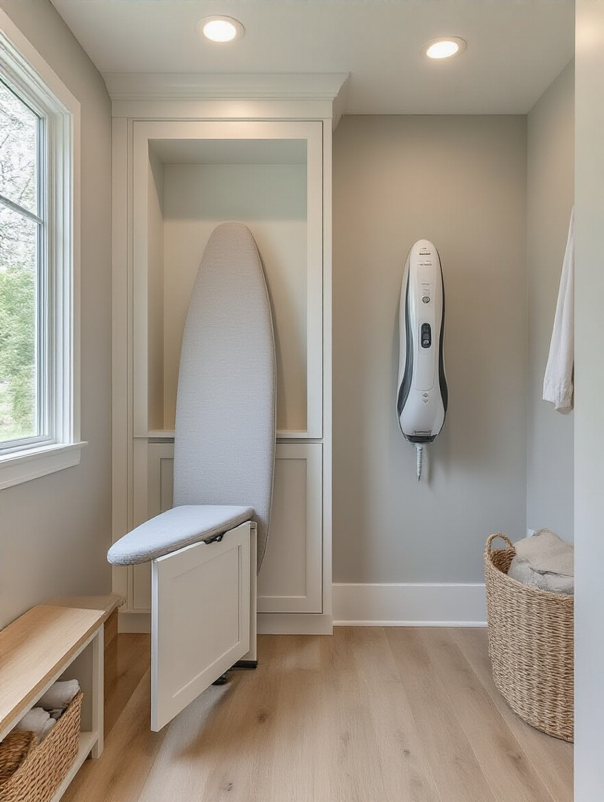 Mudroom laundry with a built-in fold-down ironing board in a slim cabinet and a wall-mounted garment steamer, surrounded by white cabinetry and wood flooring.