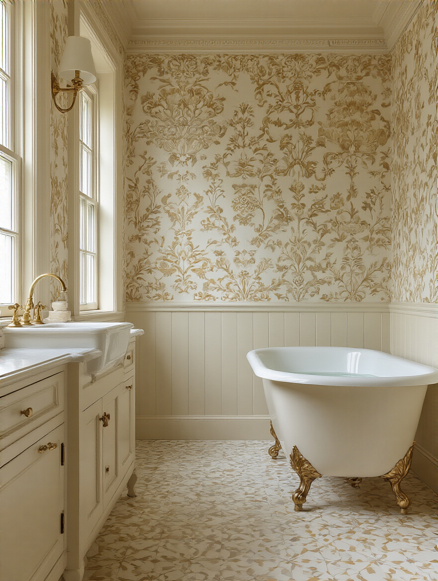 Portrait shot of a vintage-inspired bathroom featuring wallpaper and brass fixtures.