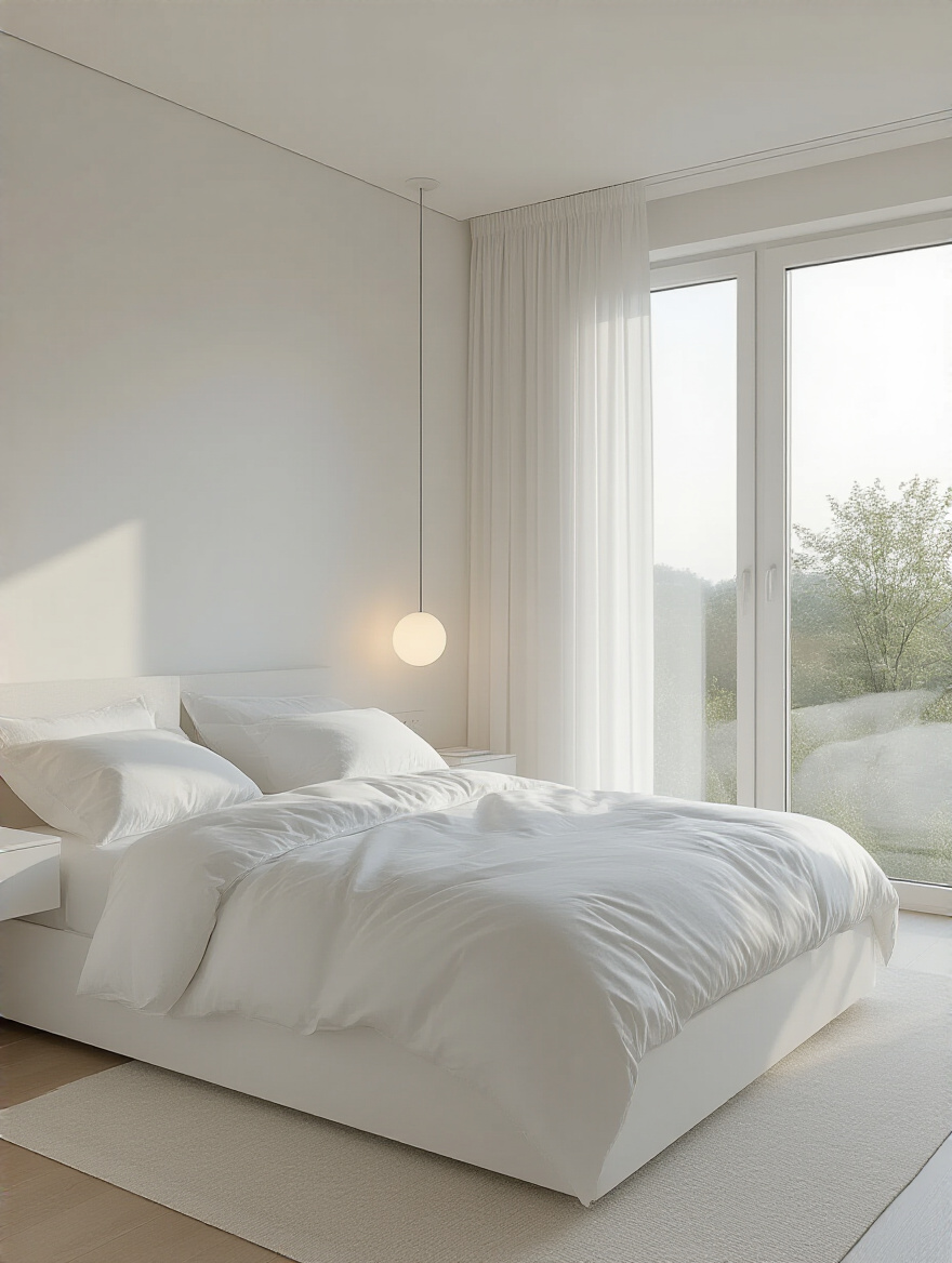 Portrait view of a serene white bedroom with integrated smart home features