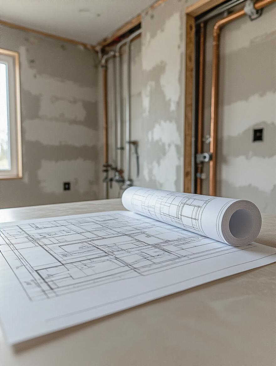 Bathroom wall with exposed plumbing pipes and electrical conduits, architectural blueprint on a countertop, illustrating essential utility planning during a bathroom renovation.