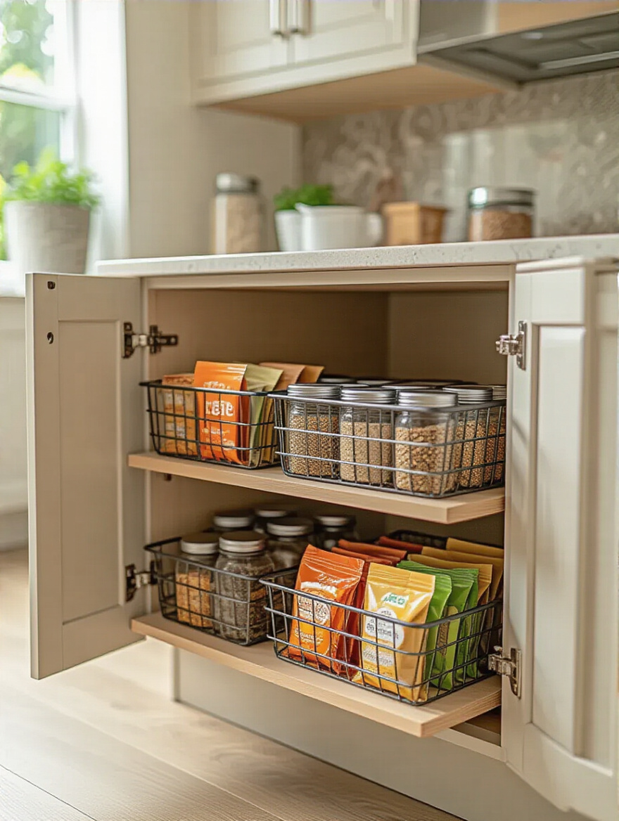 Under-shelf baskets creating extra levels in a modern kitchen cabinet