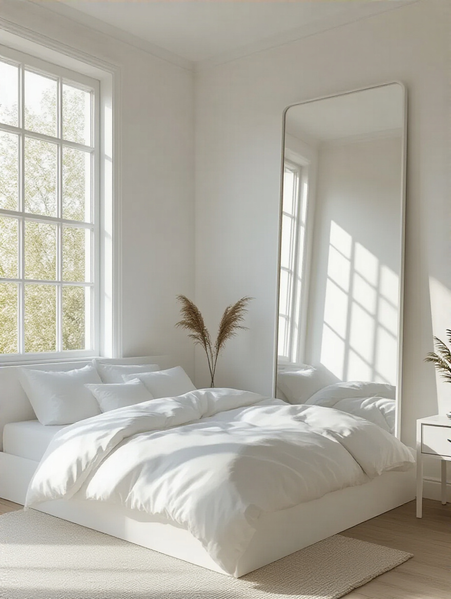 Bright white bedroom featuring a large, frameless mirror reflecting natural window light, making the room appear larger and more open. White furniture and minimalist decor enhance the spacious feel.