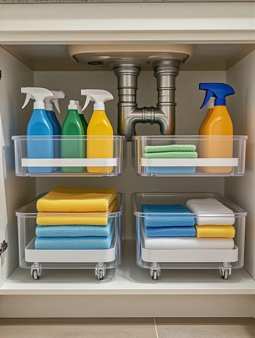 Organized under-sink cabinet in a kitchen featuring clear pull-out caddies neatly arranged with cleaning supplies and bottles, a waterproof liner, and visible plumbing.