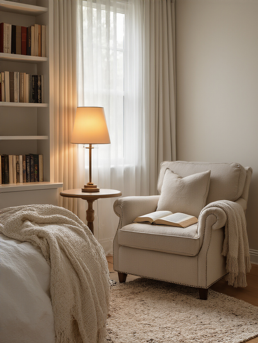 Cozy reading nook in a serene bedroom with warm task lighting