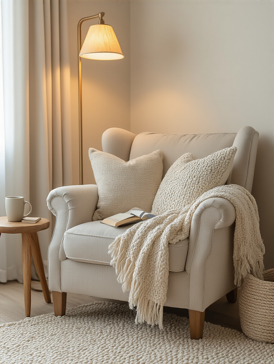 Portrait of a cozy reading nook with chair and lamp in a bedroom