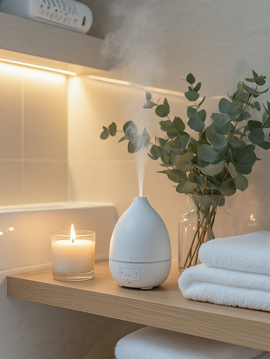 A beautifully styled bathroom featuring a glowing essential oil diffuser, a soft flickering candle, and fresh eucalyptus branches, evoking a serene spa-like ambiance for ultimate relaxation.