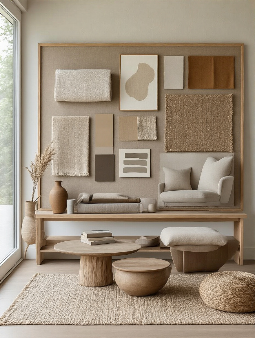 A meticulously arranged physical mood board displaying fabric swatches, paint chips, wood samples, and images of modern furniture, all designed for a cohesive living room aesthetic under natural light.
