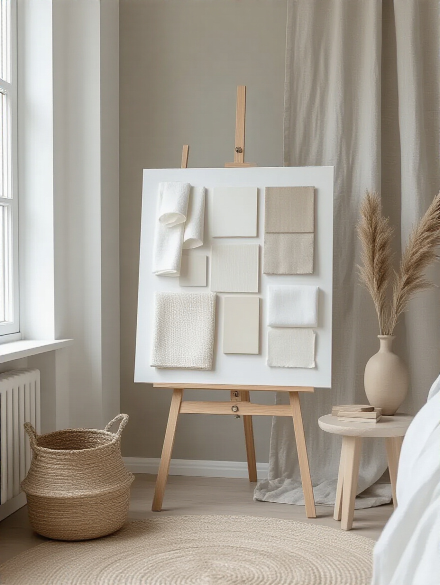 Vertical mood board setup for pristine white bedroom