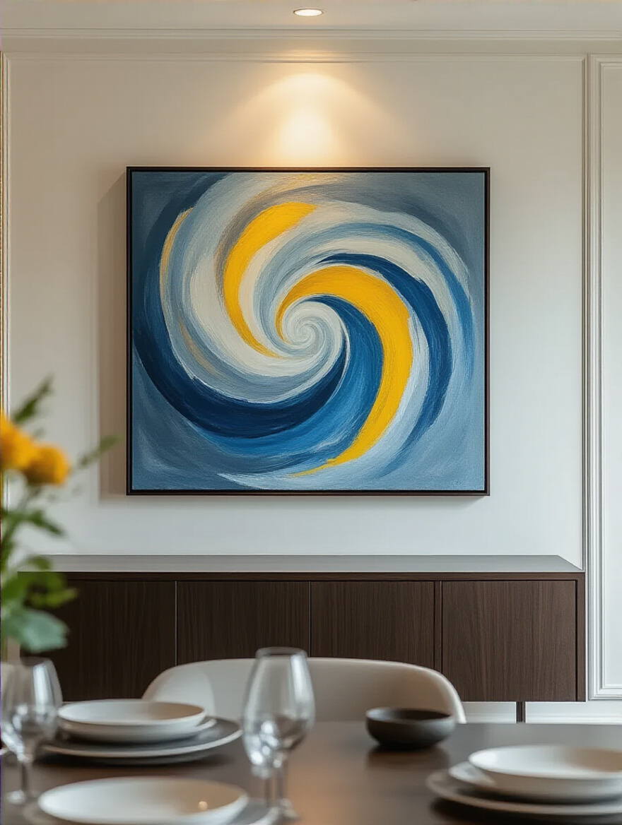 Vibrant abstract painting above a dark wood sideboard in a modern dining room, serving as a sophisticated focal point.