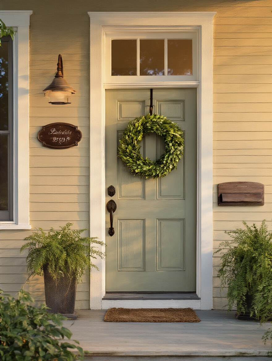 Vertical portrait of a front porch featuring curated wall decor and a standout door accent, warm lighting, no people.