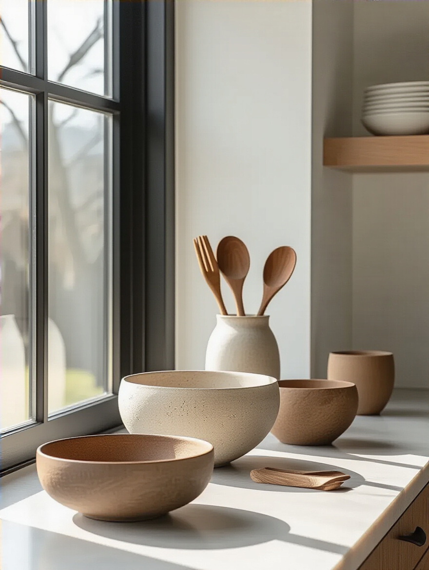 Portrait of a minimalist kitchen counter with sculptural bowls and utensil holders