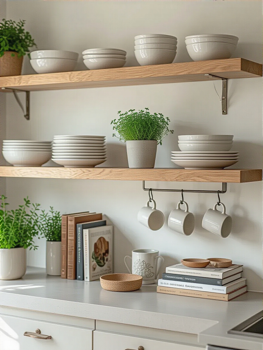 Kitchen with light wood open shelving displaying white ceramic plates, potted herbs, cookbooks, and mugs under soft natural light.