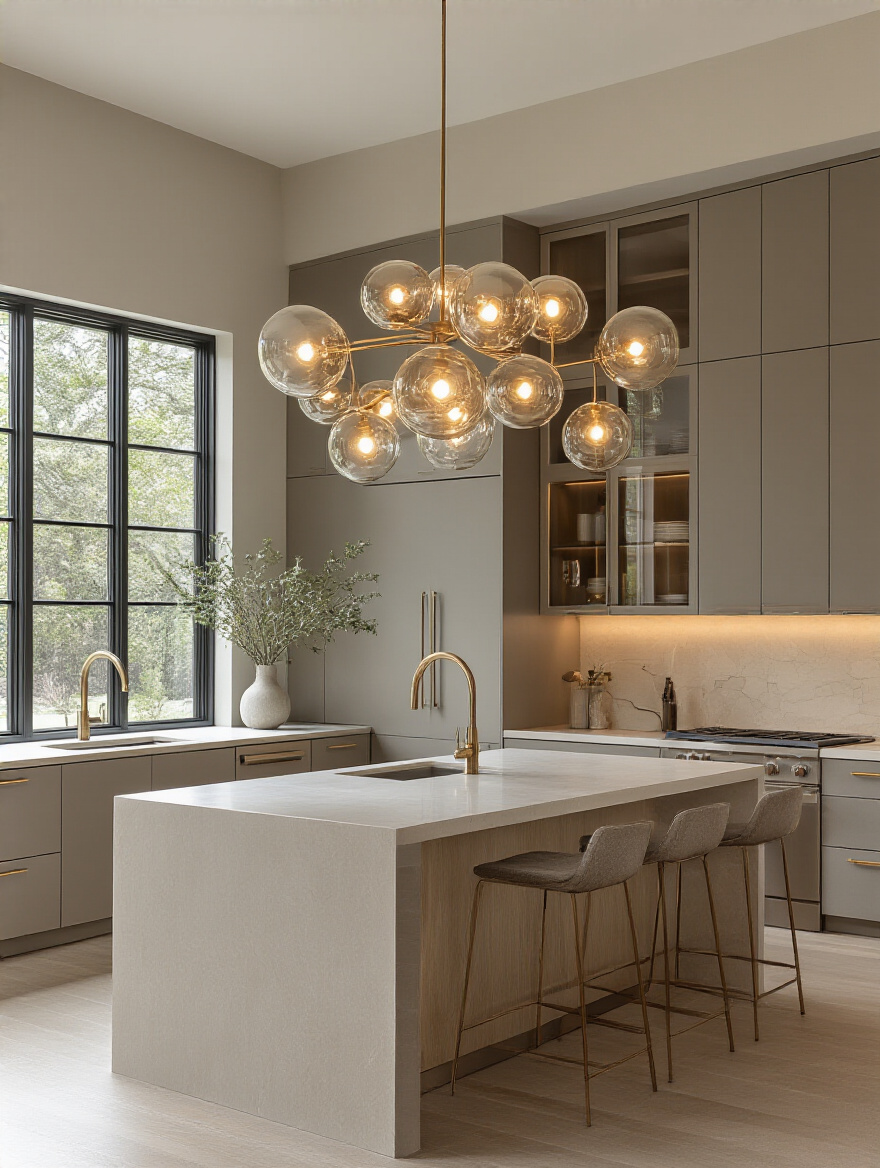 Portrait of a modern kitchen with a dramatic pendant over an island