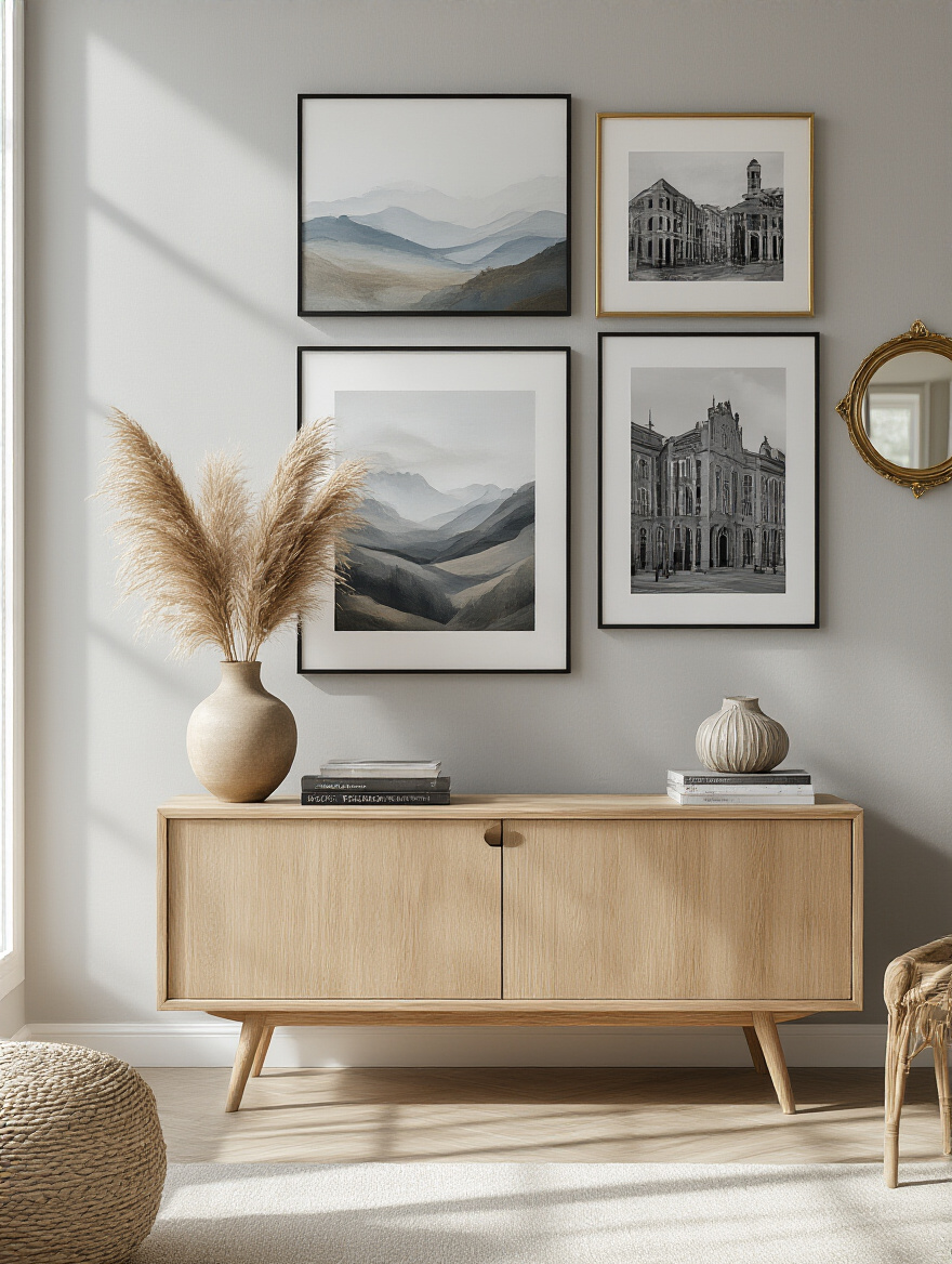 A stylish living room features a well-curated gallery wall with various framed artworks, including abstract and photographic prints, above a modern wooden credenza.